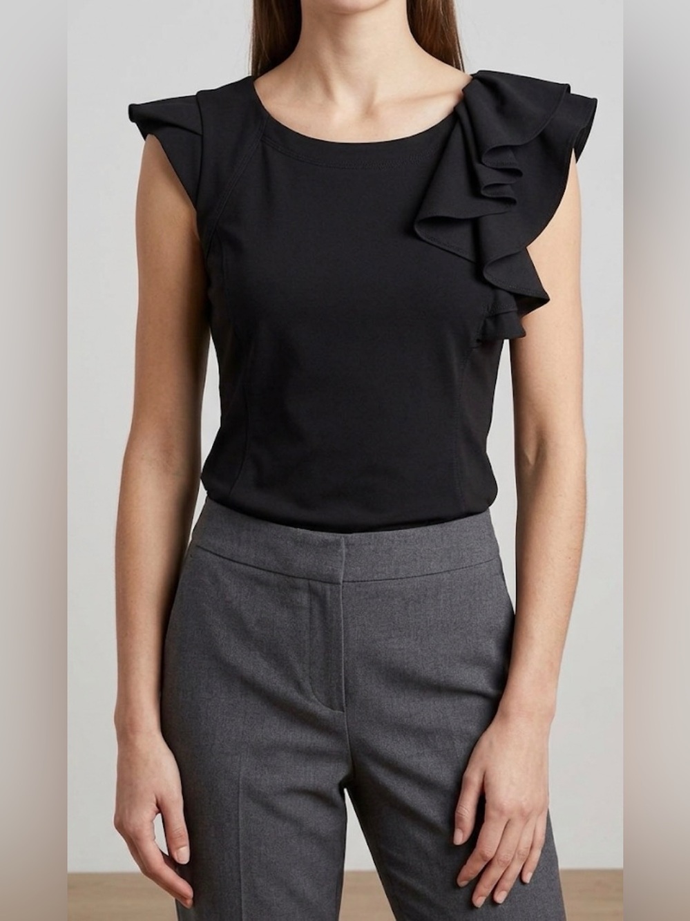 Calvin Klein Sleeveless Ruffle Shoulder Top With Side Zipper